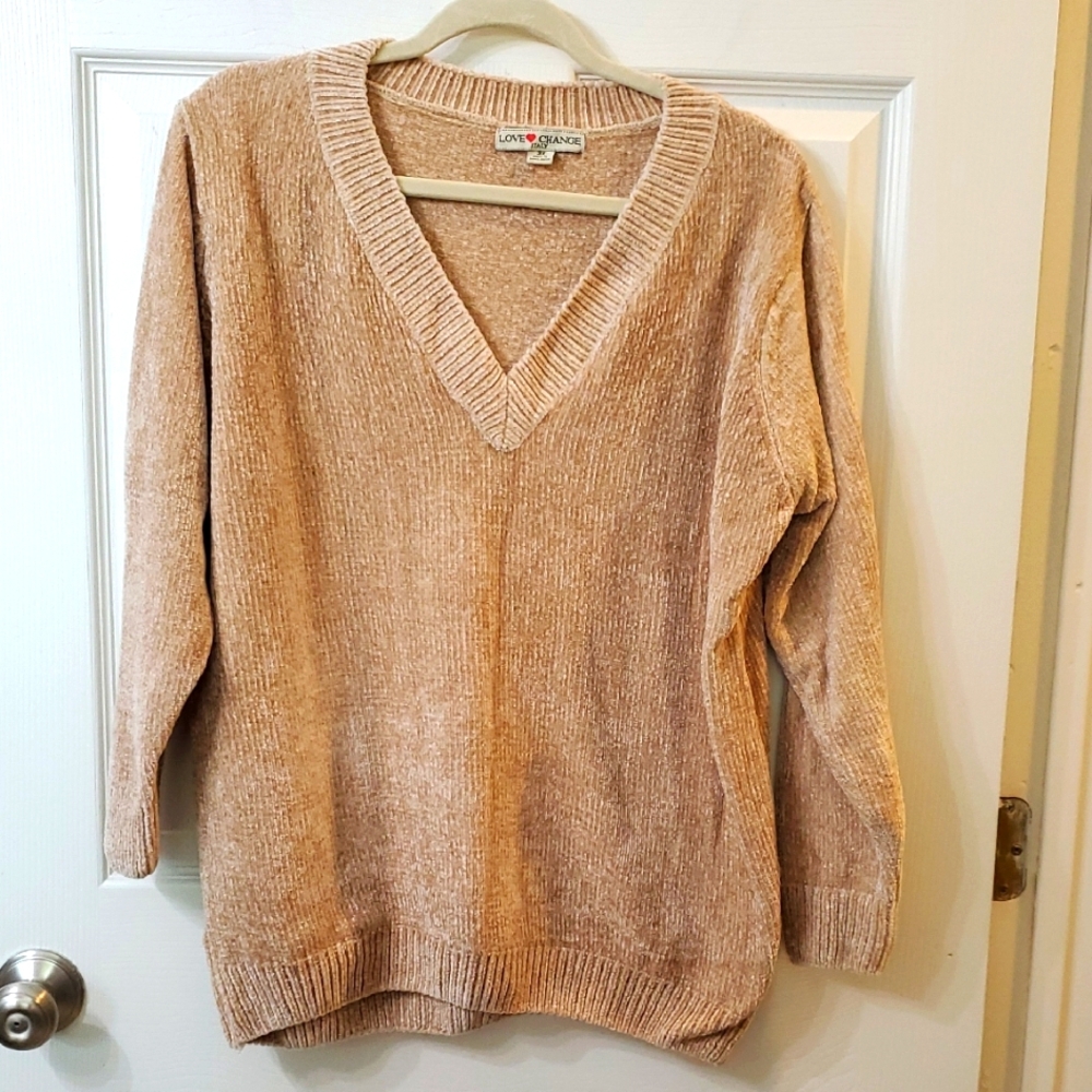 Love Change Women's V-Neck  Chenille Sweater in Tan 3x